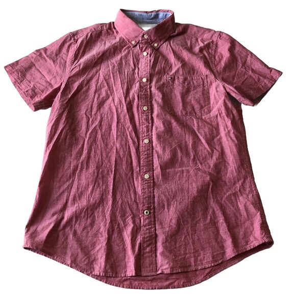 Tommy Hilfiger Men’s Button Up Shirt Custom Fit Heather Red Short Sleeve Large - Picture 1 of 15